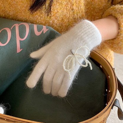 Women's Pearl Bow With Angora Winter Warm Gloves