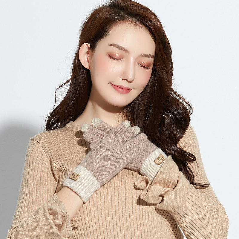 Women's Knitted Warm Outdoor Windproof Fleece-lined Korean Gloves