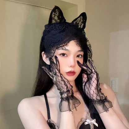 Black Pure Wind Cat Ear Headband Female Lace Gloves