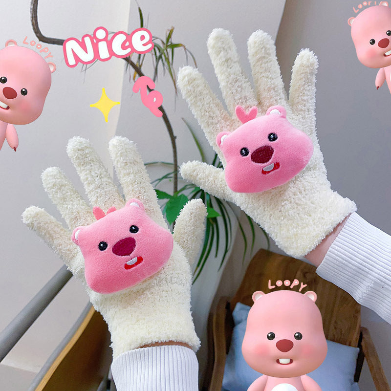 Cute Little Beaver Plush Coral Fleece Riding Finger Female Gloves