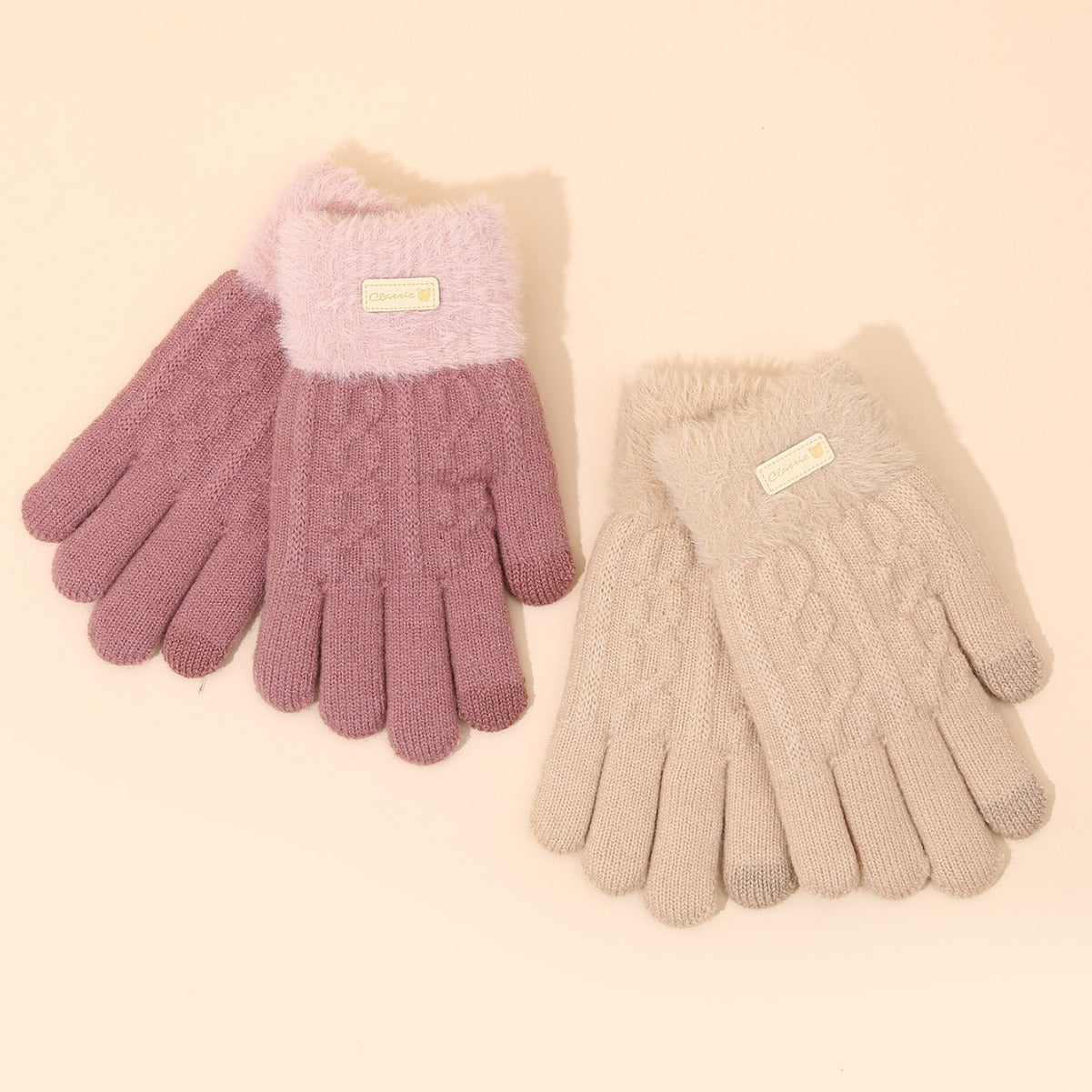 Women's Matching Five Finger Plush Knitted Wool Gloves