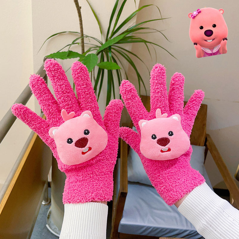 Cute Little Beaver Plush Coral Fleece Riding Finger Female Gloves