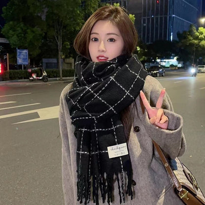 Style Plaid Tassel Winter Cashmere Thick Warm White Shawl Scarfs