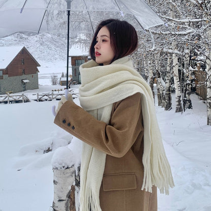 Women's Knitted Wool Winter Solid Color White Scarfs