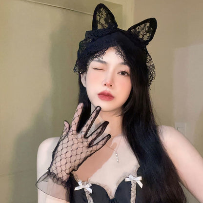 Black Pure Wind Cat Ear Headband Female Lace Gloves