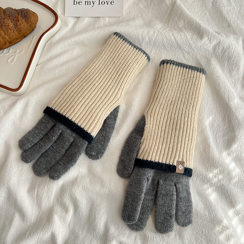 Women's Winter Color Contrast Patchwork Five-finger Touch Gloves