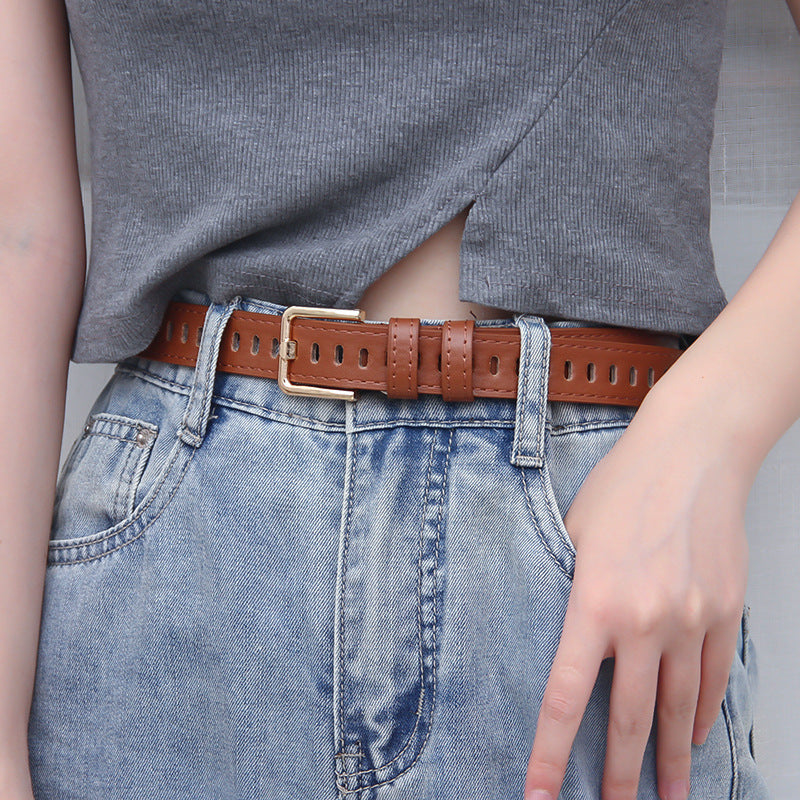 Women's Retro Round Buckle Personality Full Hole Belts