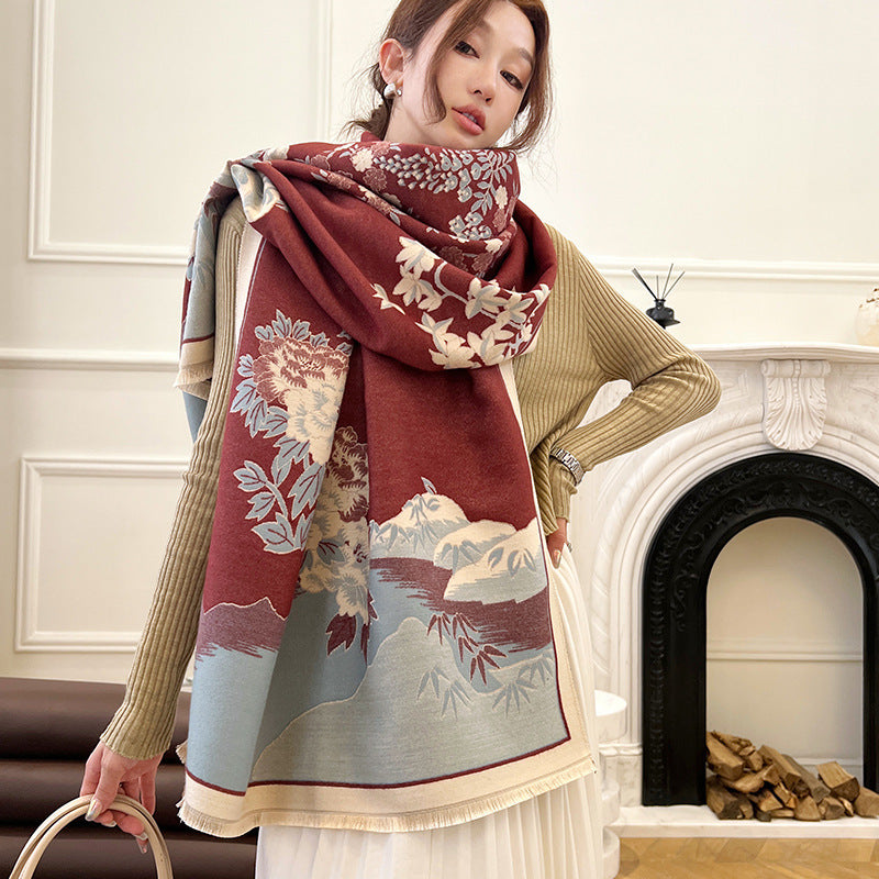 Women's Style Artificial Cashmere Ink Painting Landscape High-grade Thickened Scarfs