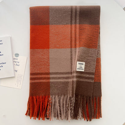 Women's Coffee Color Plaid Korean Thick Warm High-grade Scarfs