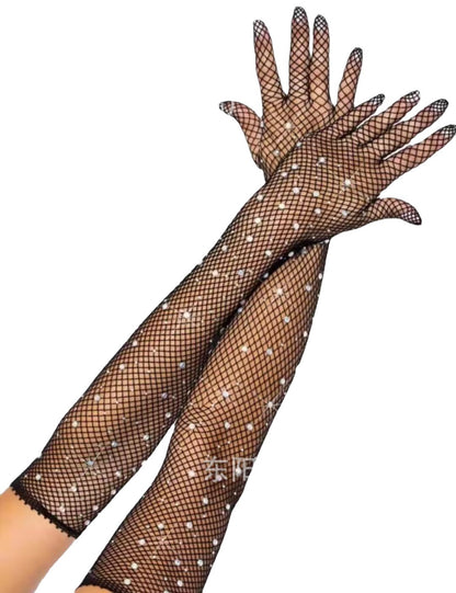 Black Grid Stretch Colorful Crystals Electronic Gloves