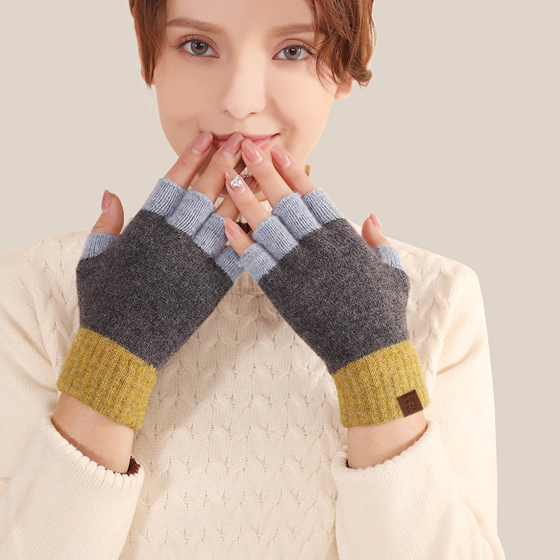 Knitted Half Finger Style Office Winter Gloves