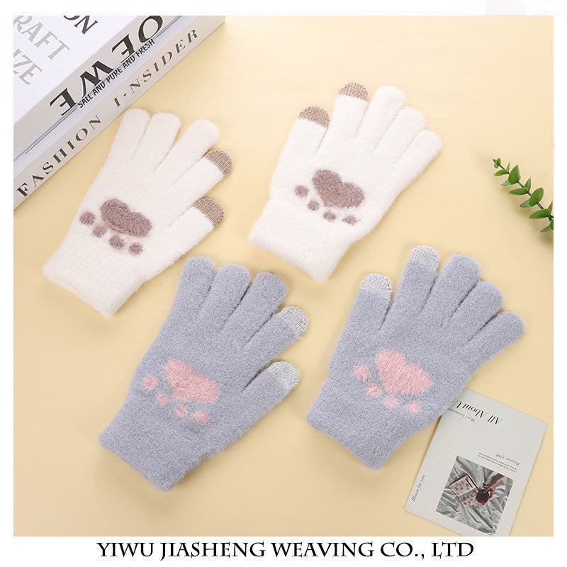 Women's Paw Knitted Cute Fleece-lined Thickened Touch Gloves