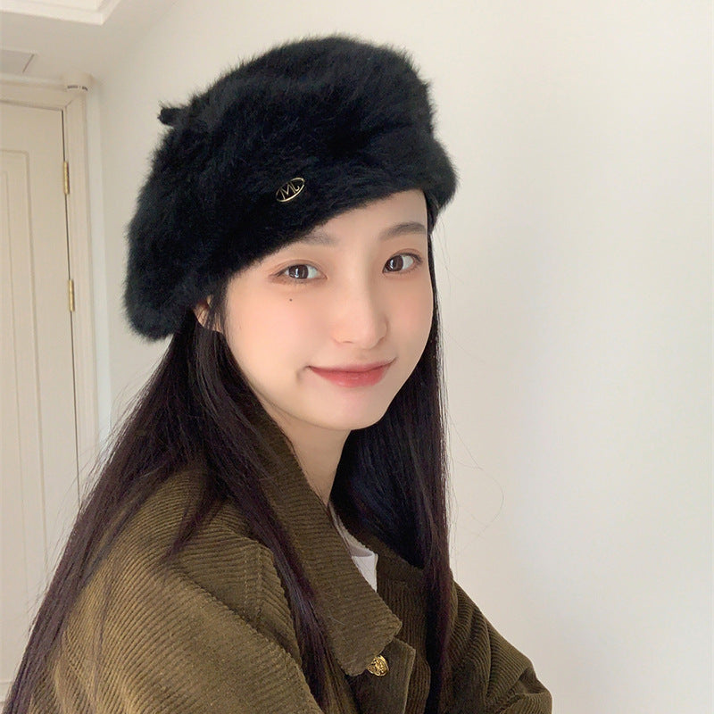 Plush White Beret Female Korean Style Elegance Hats & Caps