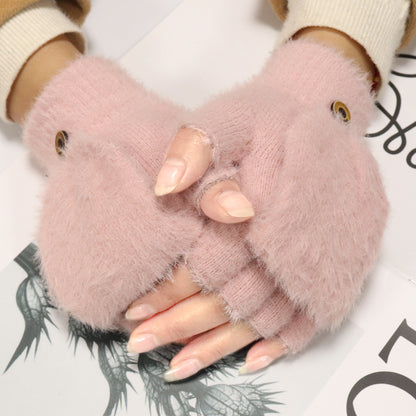 Winter Knitted Plush Half Finger Flip Gloves