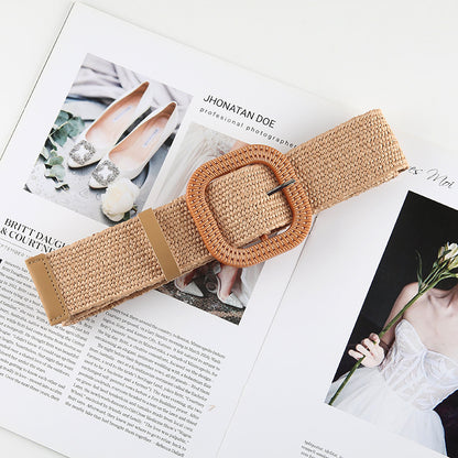 Women's Straw Woven Round Square Buckle Dress Belts