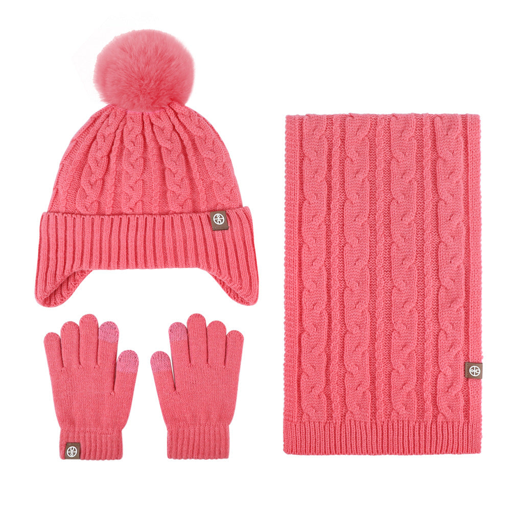 Children's Hat Three-piece Set Fleece-lined Knitted Earflaps Kids' Headwear