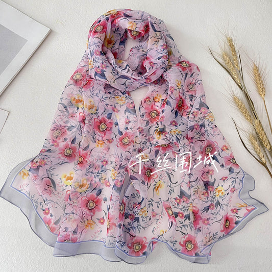 Women's Printed Silk Sunflower Thin Floral Chiffon Scarfs