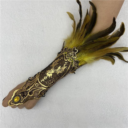 Halloween Feather Gothic Style Hollow Gold Gloves