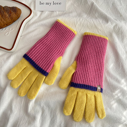 Women's Winter Color Contrast Patchwork Five-finger Touch Gloves