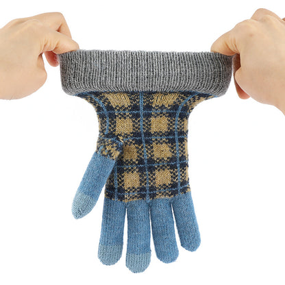 Wool Knitted Plaid Fleece-lined Thickened Cycling Five-finger Gloves