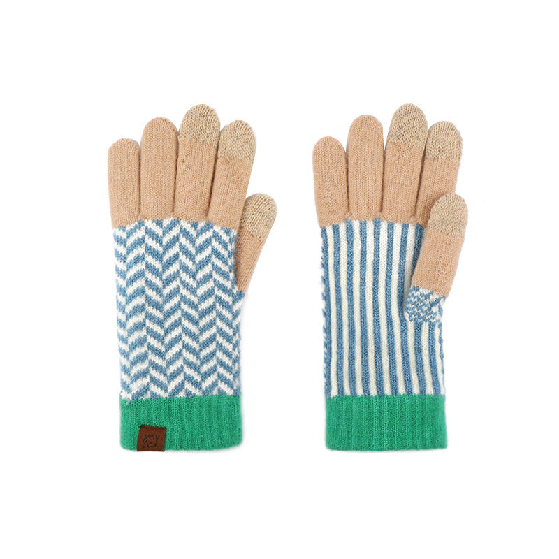 Color Knitted Retro Jacquard Fleece Lining Cycling Gloves