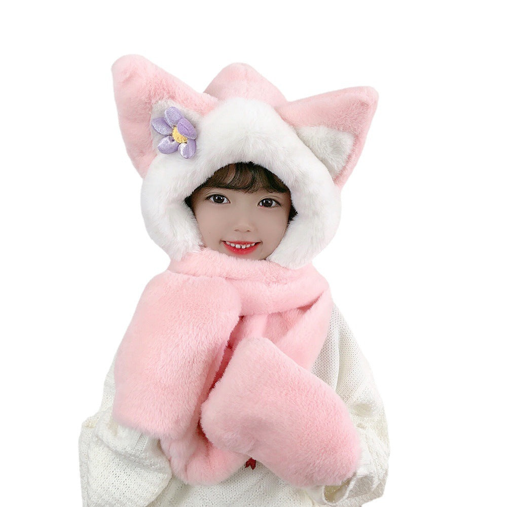 Women's Cute Bear Ear Hat Integrated Hooded Three-piece Kids' Headwear