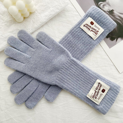 Women's Korean Style Solid Color Labeling Long Knitted Wool Finger Gloves