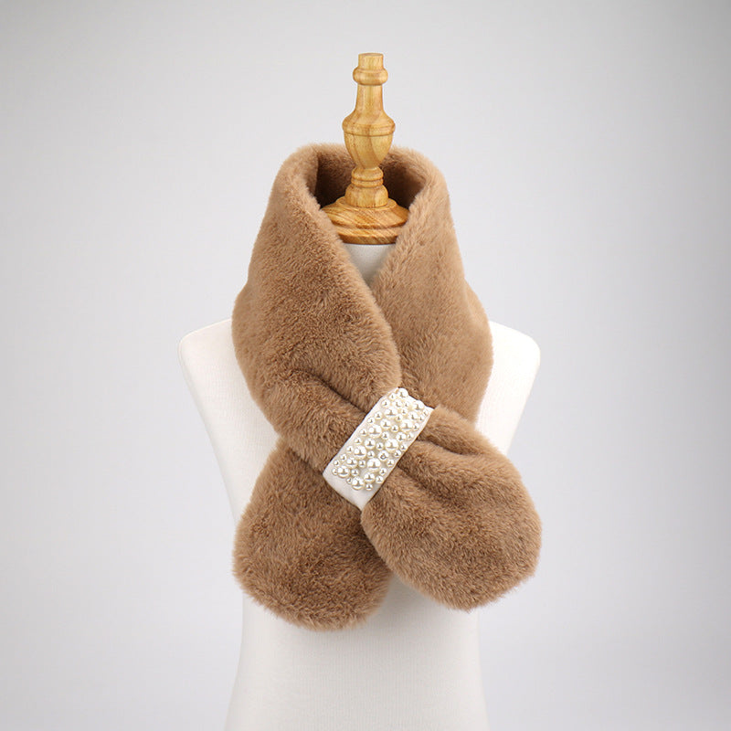 Women's Pearl Imitate Rex Rabbit Fur Plush Cross Thickened Scarfs