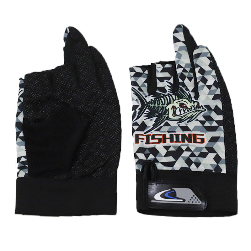 Men's Fishing Printed Dew Three Fingers Spring Gloves