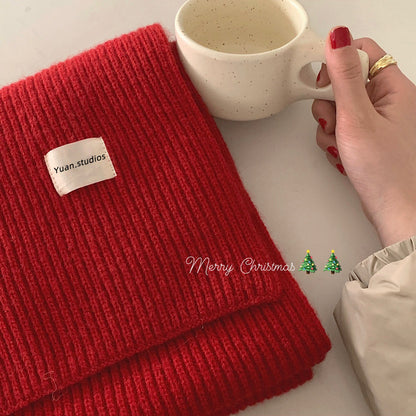 Christmas Red Retro Knitted Coarse Yarn White Scarfs