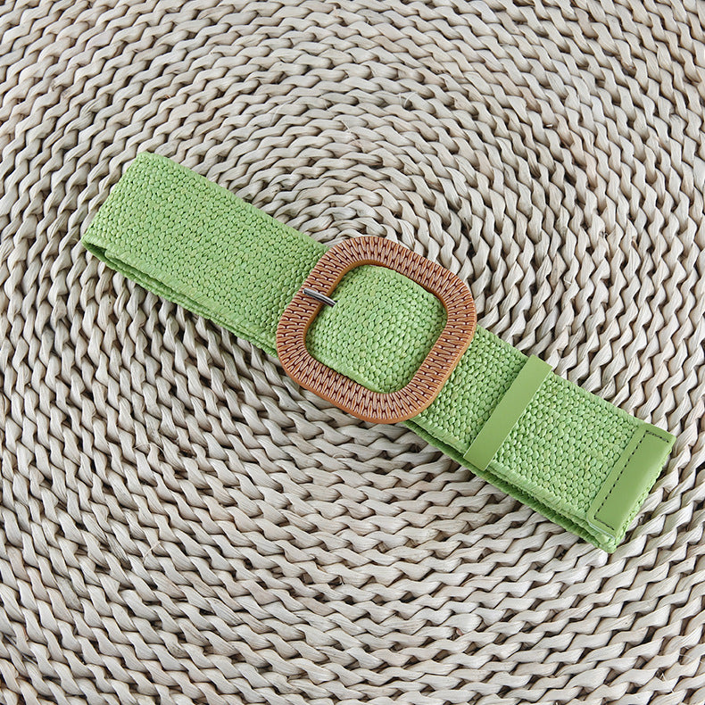 Women's Straw Woven Round Square Buckle Dress Belts