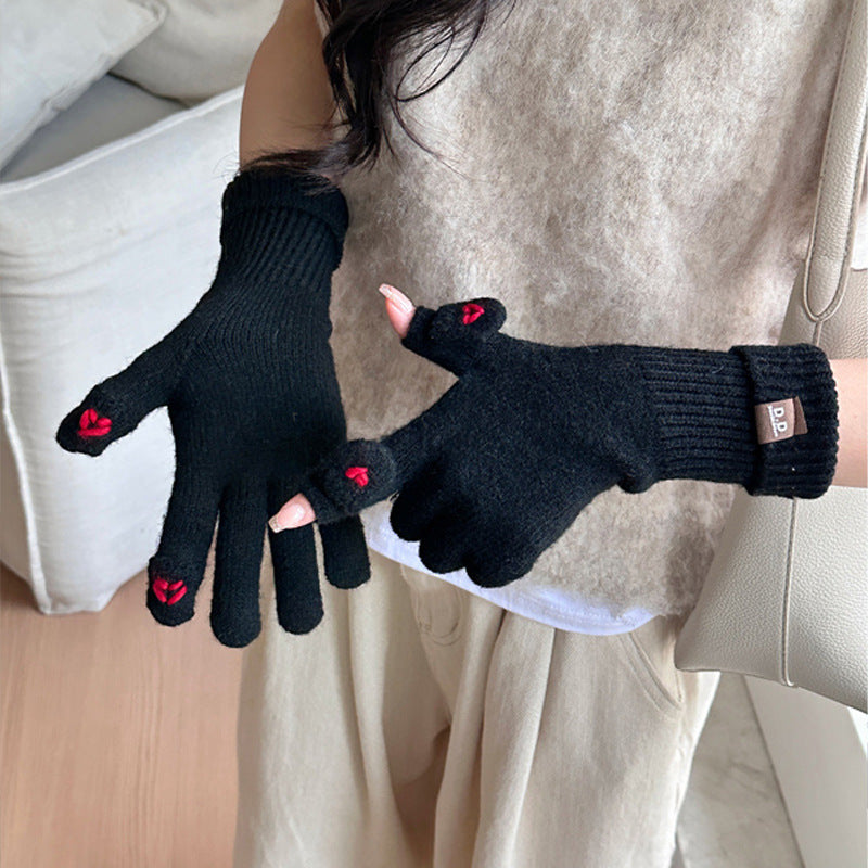 Love Embroidered Female Open Finger Touch Gloves