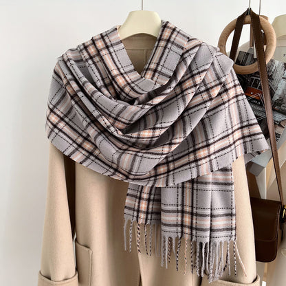 Women's Slouchy Plaid Korean Tassel Shawl Scarfs