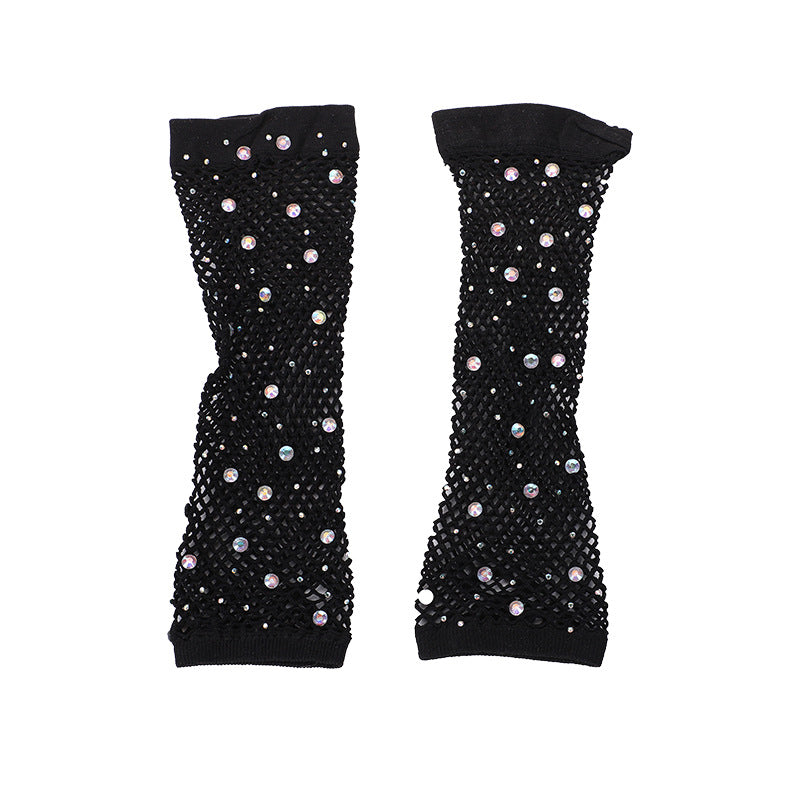 Rhinestone Mid-length Mesh Disco Stretch Colorful Gloves