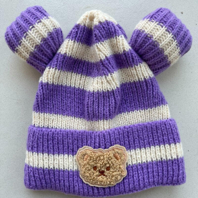 Children's Style Knitted Hat Boys Striped Bear Woolen Kids' Headwear