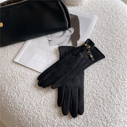 Women's Winter Suede Cycling Open Finger Touch Gloves