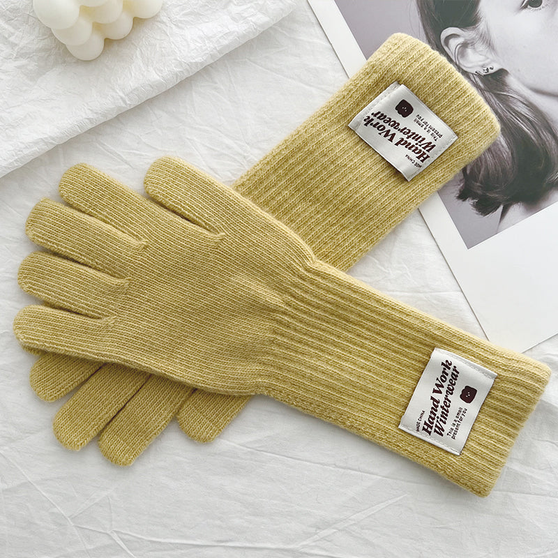 Women's Korean Style Solid Color Labeling Long Knitted Wool Finger Gloves