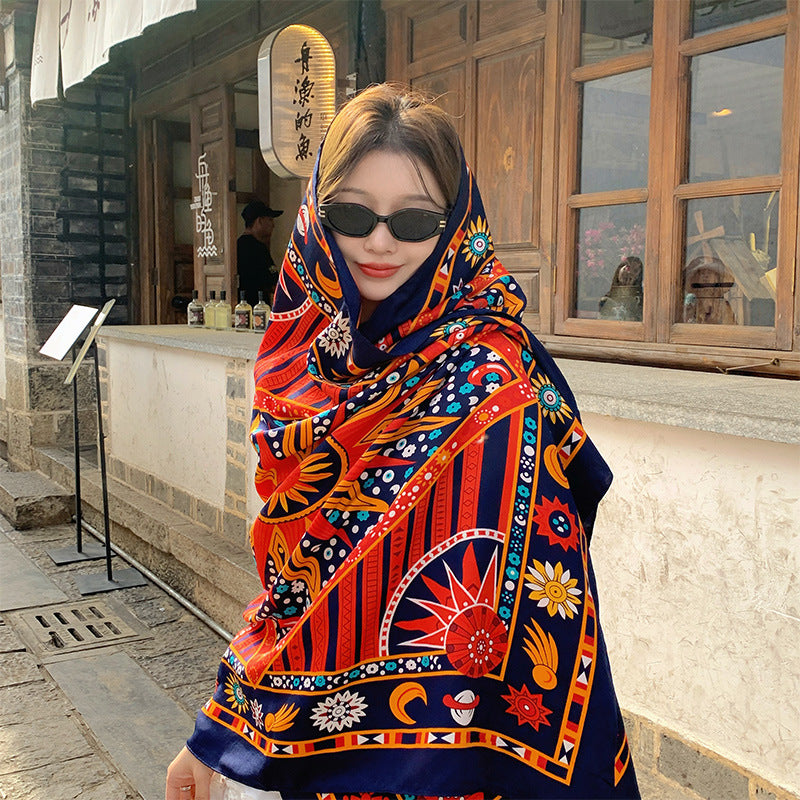 Women's Sunscreen Shawl Yunnan Grassland Travel Wear Silk Seaside Scarfs