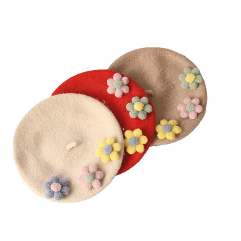 Children's Sweet Three-color Flower Beret Travel Wool Kids' Headwear