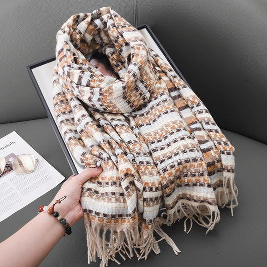 Women's Colorful Small Plaid Tassel Design Warm Scarfs