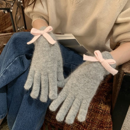 Knitted Bow Female Riding Thick Warm Gloves