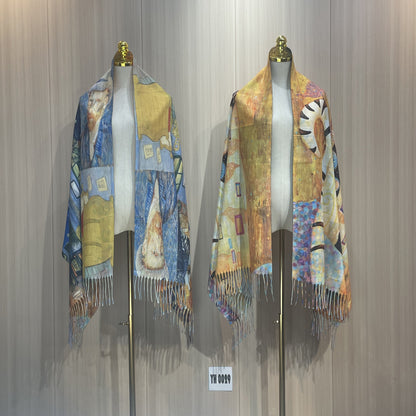 Women's Oil Painting Shawl Outer Match Tassel Scarfs