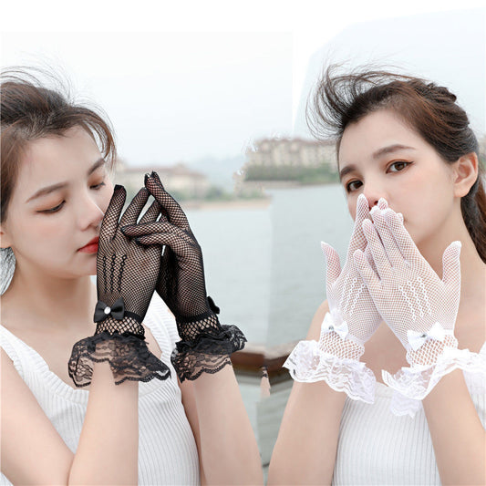 Women's Thin Sexy Mesh Black White Red Etiquette Wedding High Gloves