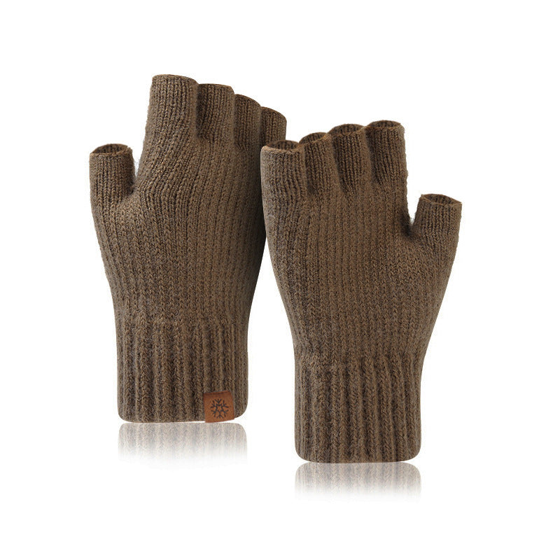 Men's Winter Outdoor Knitted Fleece-lined Writing Fingerless Gloves