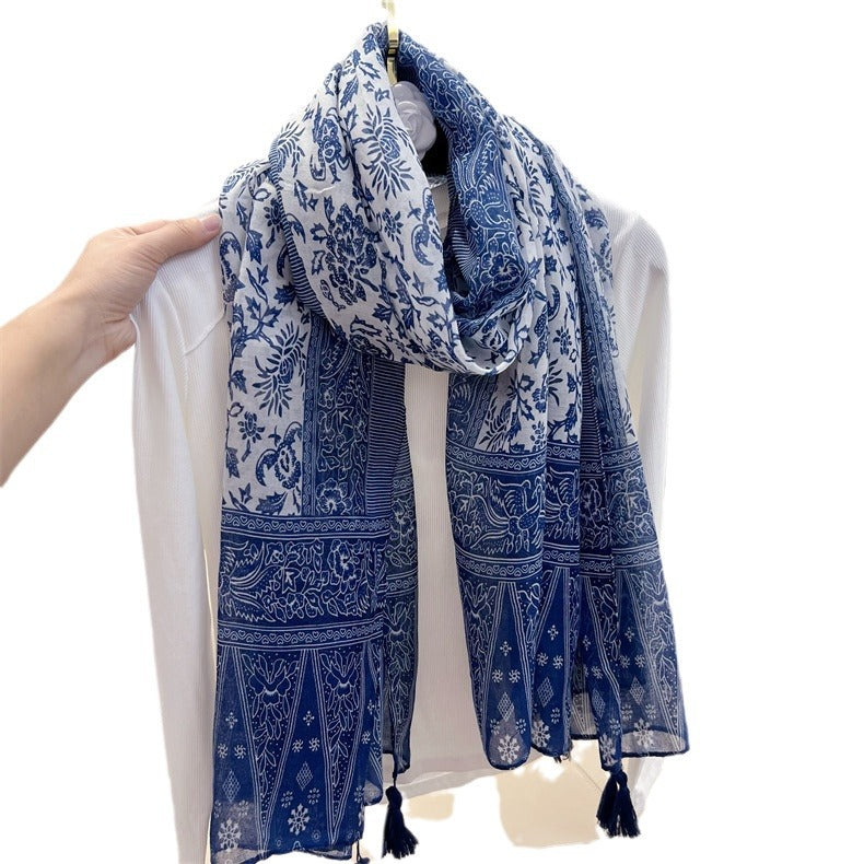 Women's White Porcelain Small Fresh Tassel Printed Cotton Scarfs