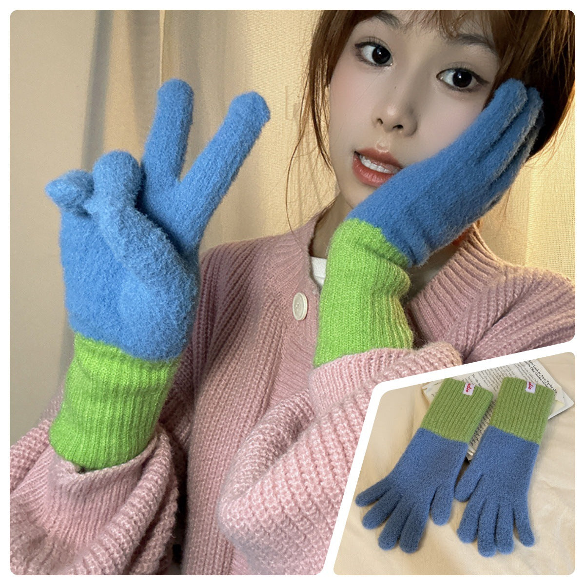 Women's Picture Scroll Color Matching Knitted Five-finger Thickened Warm Gloves