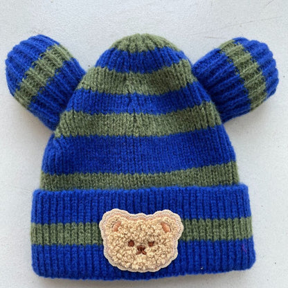 Children's Style Knitted Hat Boys Striped Bear Woolen Kids' Headwear