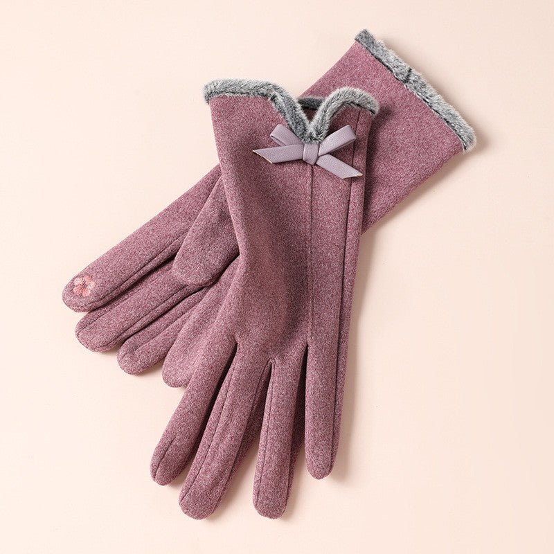 Women's Cute Bow Fleece-lined Thickened Driving Biking Gloves