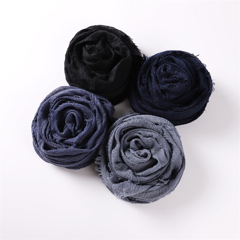 Women's Color Woolen Cotton Monochrome Split Wrinkle Scarfs