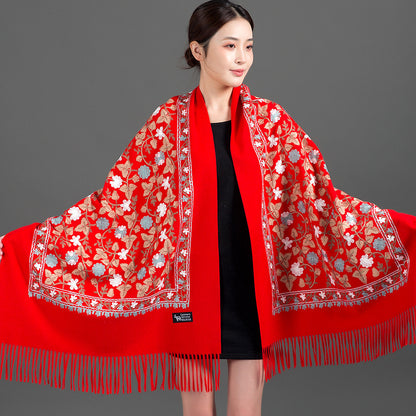 Red Embroidery Cashmere Female Cheongsam Air Scarfs